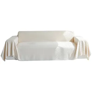 Thickened waffle weave chenille sofa cover in cream white with decorative fringe
