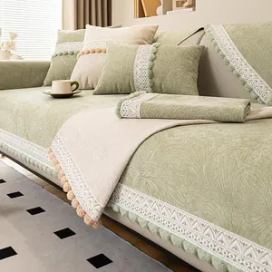 Tappetino per Divano in Ciniglia Antiscivolo Stile Crema Francese Jacquard Floreale Copridivano Con Bordo in Pizzo E Nappa a Pompon Per Arredamento Soggiorno