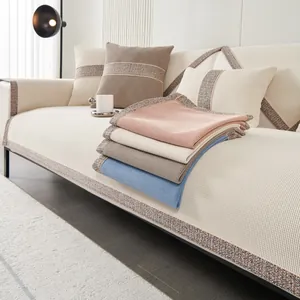 Close-up of waffle weave chenille sofa cushions with elegant mosaic pattern piping detail