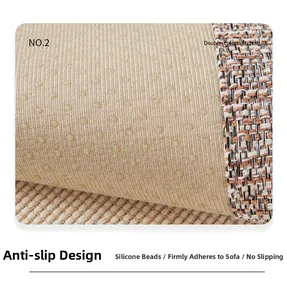 Detail of chenille sofa cushion with silicone anti-slip particles and dual-color stitching