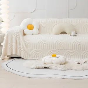Cremeweißer Plüsch-Sofabezug mit Regenbogentextur und Gänseblümchenkissen im Wohnzimmer