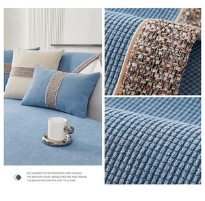 Macro detail of honeycomb chenille fabric and tweed fringe on a light blue sofa cover