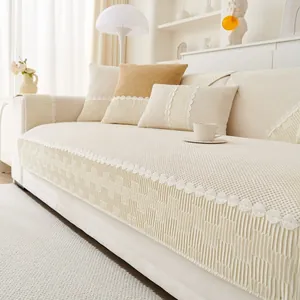Crème Stijl Verdikte Corduroy Bankkussenhoes Met Kanten Rand Antislip Wafeltextuur Bankhanddoek Voor Woonkamer Decoratie