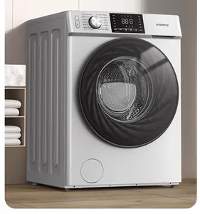 Detailed view of white washing machine with black door window and digital LED control panel