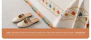 Detail of bohemian chenille sofa cover showing texture, tassels, and geometric patterns