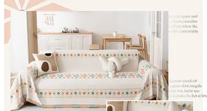 Detail of Bohemian chenille sofa cover featuring colorful geometric patterns and fringe