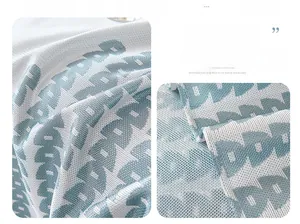 Detail of blue ice silk sofa cover with modern geometric pattern for summer cooling