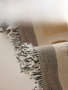 Macro shot of Chenille sofa cover featuring bohemian fringe edges and multicolor knit texture