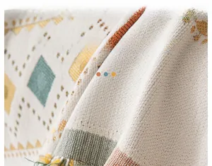 Close-up of Bohemian chenille throw with colorful geometric patterns and fringe edges