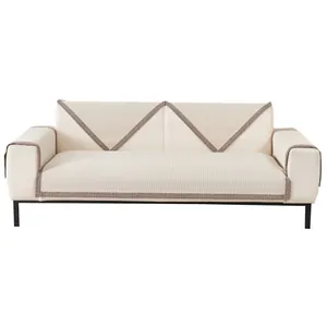 Modern minimalist cream chenille sofa cushion set with geometric brown border patterns