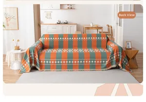 Detail view of the reverse side of a bohemian chenille sofa cover with striped patterns