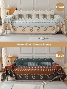 Detailed view of double-sided jacquard chenille sofa cover with fringe and geometric patterns