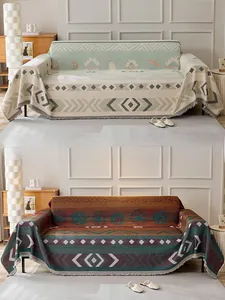 Dual-sided chenille sofa cover with Bohemian patterns and elegant fringe details
