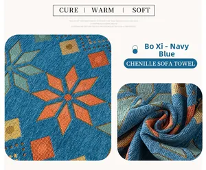 Detail of chenille fabric showing bohemian geometric patterns in navy blue and orange