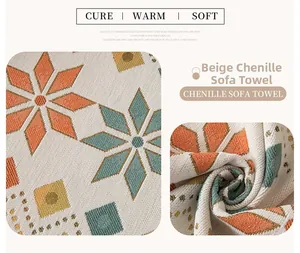 Detail of cream white chenille sofa cover with bohemian geometric floral pattern texture