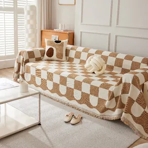 Moderne Chenille Sofaüberwurf Kariert Wohndecke Mit Fransen Dekorative Sofabezug Für Wohnzimmer Couch Schutzhülle