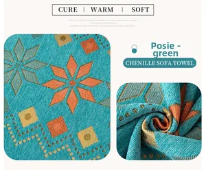 Detail of green Bohemian chenille sofa cover showing geometric patterns and soft texture