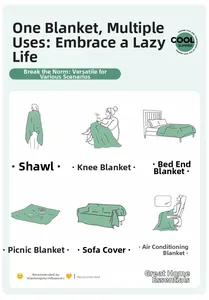 Summer ice silk cooling blanket showing six versatile uses like picnic and sofa cover