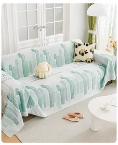 Detailed texture of ice silk cooling sofa cover with green cactus and text pattern