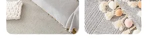 Detail of chenille sofa cover showing herringbone texture and colorful pom-poms tassels