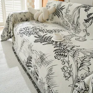 Chenille Lily of the Valley Sofa Cover Floral Jacquard Sofa Throw Blanket With Tassels Dustproof Sofa Protector Home Decor