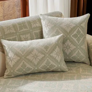 Nordic chenille sofa cover with floral jacquard texture in light green and cream white