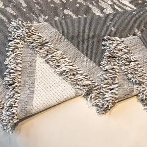 Double-sided Nordic style woven sofa cover with gray gradient forest pattern and fringe