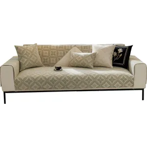 Nordic chenille sofa cover set with floral jacquard cushions and black embroidery