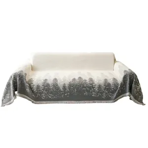 Nordic minimalist reversible sofa cover with knitted pine forest pattern and fringe edges