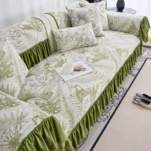 Vintage American Country Chenille Sofa Cushion And Cover Non-Slip Botanical Floral Palm Leaf Pattern Slipcover With Ruffle Skirt Elegant Home Decor