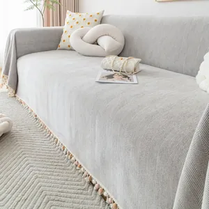 Nordic Herringbone Chenille Sofa Cover With Pom Pom Tassels Protective Thick Sofa Towel Blanket For Home Living Room Decor