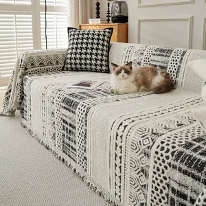 Bohemian Geometric Arctic Velvet Sofa Cover Knitted Throw Blanket With Tassels Vintage Ethnic Pattern Furniture Protector