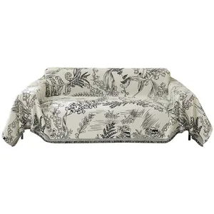 Floral chenille sofa cover with vintage botanical print and woven tassel edges