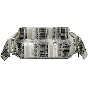 Bohemian black and white chenille sofa cover with geometric patterns and fringe