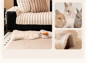 Detail of plush cream faux rabbit fur sofa cover with thick stripe texture and anti-slip back