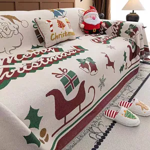 Christmas Chenille Sofa Cover Blanket Throw With Tassels Reindeer Santa Pattern Reversible Furniture Protector For Home Decor