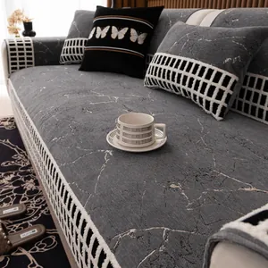 Modern Chenille Sofa Cushion Marble Pattern Anti Slip Furniture Protector Cover Checkerboard Border Butterfly Embroidery Home