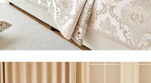 Detalle de funda de sofá bordada damasco beige europeo con textura plisada elegante