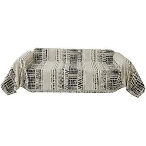 Bohemian geometric woven sofa throw blanket with tassels in beige and black patterns