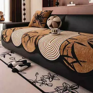Cojín de Sofá de Chenilla Vintage Moderno Funda de Sofá Irregular Antideslizante Patrón Geométrico Hojas de Bambú Estera de Asiento Antipolvo Protector de Muebles