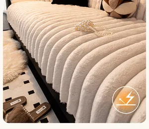 Macro detail of creamy faux rabbit fur sofa cover with thick striped plush texture