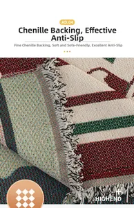 Detailed view of jacquard chenille sofa cover with red and green festive patterns and tassels