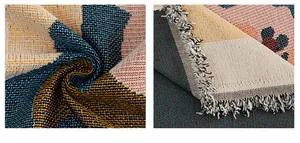 Detailed view of the woven chenille texture and colorful fringe on the Christmas sofa cover