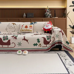 Christmas chenille sofa cover with Santa and reindeer pattern and tassel edges