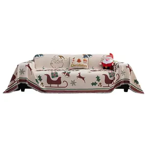 Christmas chenille sofa cover with Santa and reindeer patterns and elegant fringe trim