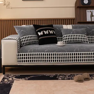 Modern grey marble chenille sofa cover with plaid borders and butterfly embroidery pillow