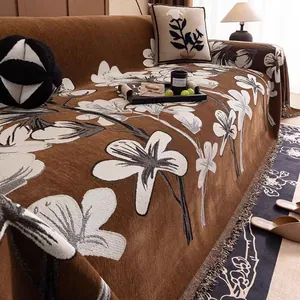 Vintage Chenille Floral Jacquard Sofa Towel With Tassel Fringe For Living Room Large Lily Pattern Furniture Protector Cover