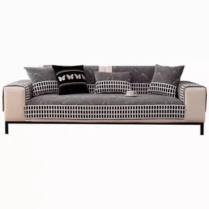 Modern chenille sofa cover set with grey marble pattern and non-slip backing