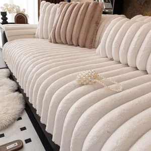 Thickened Faux Rabbit Fur Sofa Cushion Anti-Slip Plush Sofa Cover Cream Style Ribbed Furniture Protector For Living Room Winter Warmth