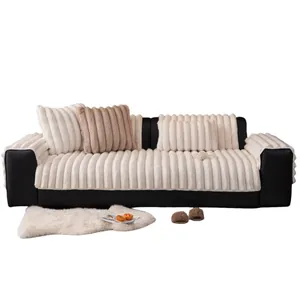 Thick plush cream-colored sofa cover with striped rabbit fur texture and non-slip backing